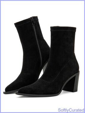 Dressy Ankle Boots Chunky Block Heel Pointed Toe Faux Suede Booties